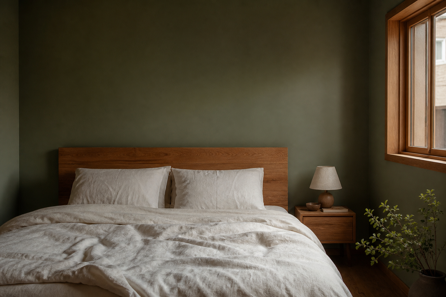 warm wood headboard, white linen bedding, deep green wall — empty above the headboard